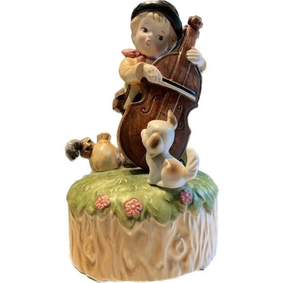 Porcelain Music Box VTG Expressive Boy Playing Cello for Dog Japan Music Decor - Picture 4 of 10